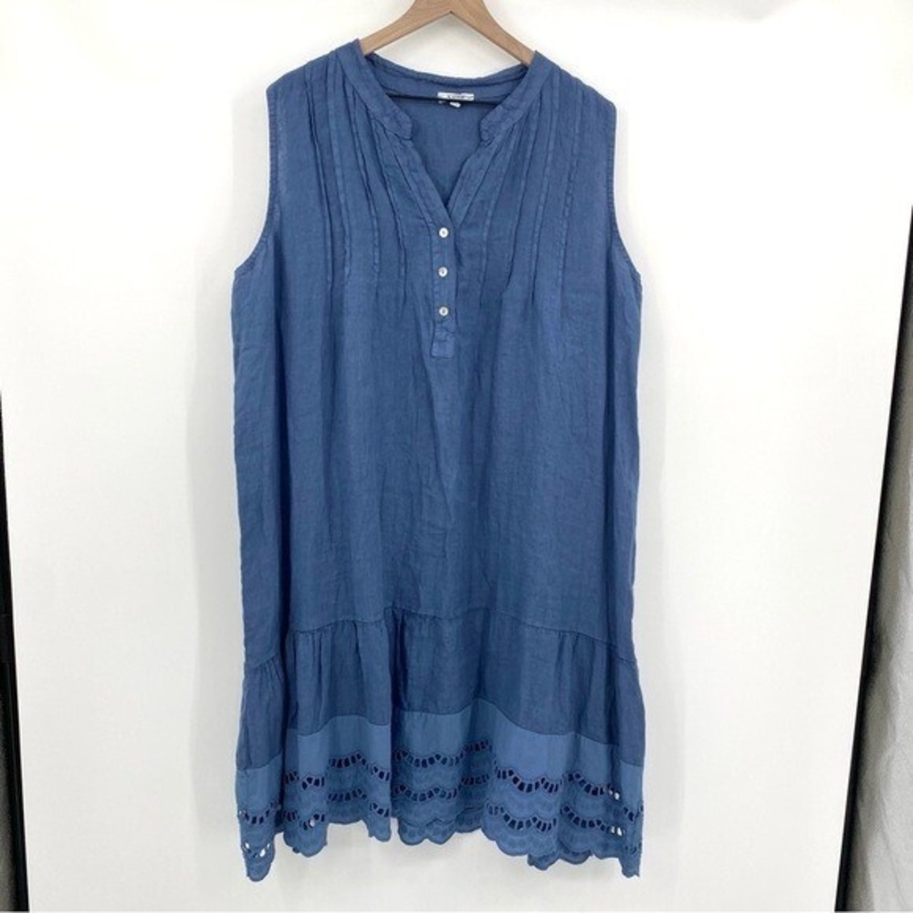 Rosemarine Dress Womens 2X Blue 100% linen Blue Midi‎ Eyelet Trim Cottagecore
